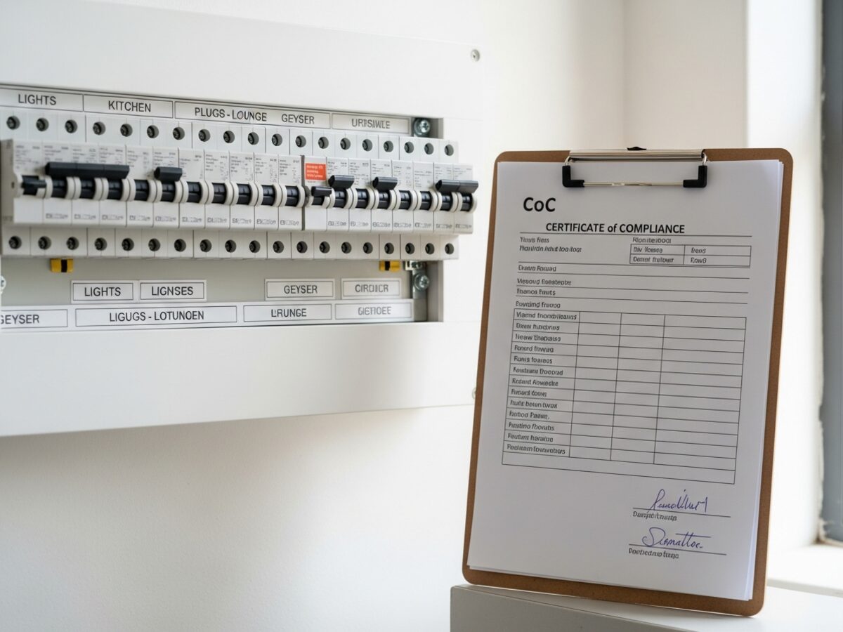 Residential South African electrical distribution board with labelled circuit breakers next to a clipboard holding a Certificate of Compliance form
