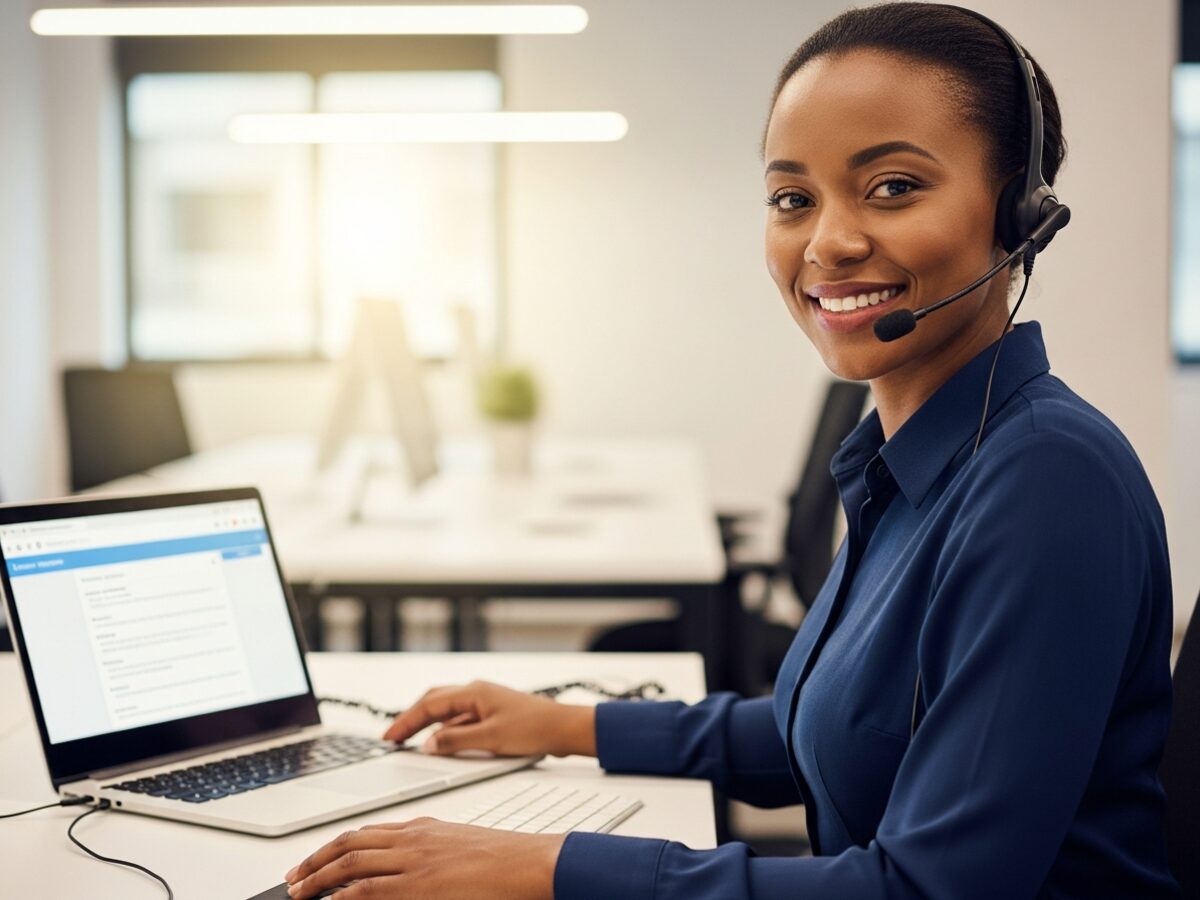 Friendly Check My CoC customer support specialist smiling at her desk while assisting a property buyer with their Certificate of Compliance verification