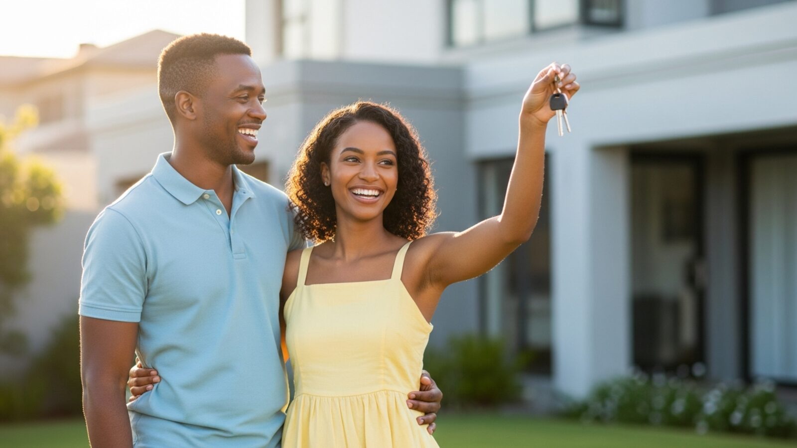 A young South African couple smiling outside their new home, holding up the keys after a successful property transfer