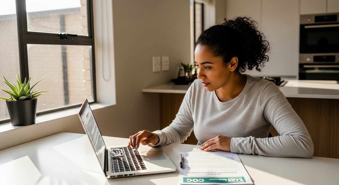 South African homeowner sitting at a kitchen table reviewing an electrical Certificate of Compliance and checking answers on a laptop