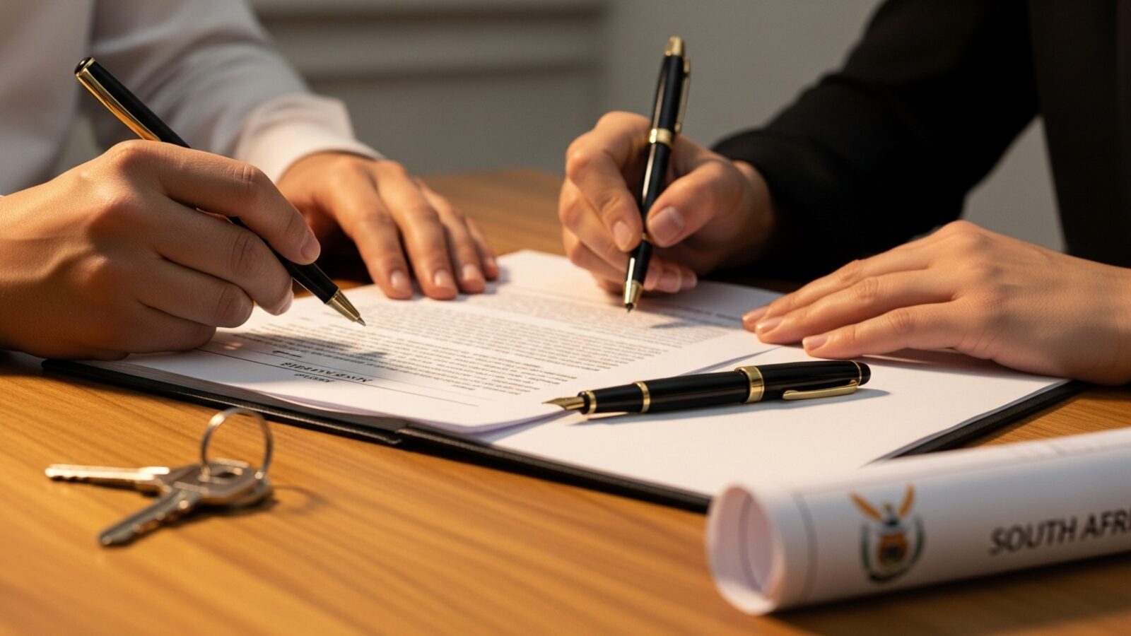 Two people signing South African property transfer paperwork at a desk, with house keys and a rolled set of property documents nearby