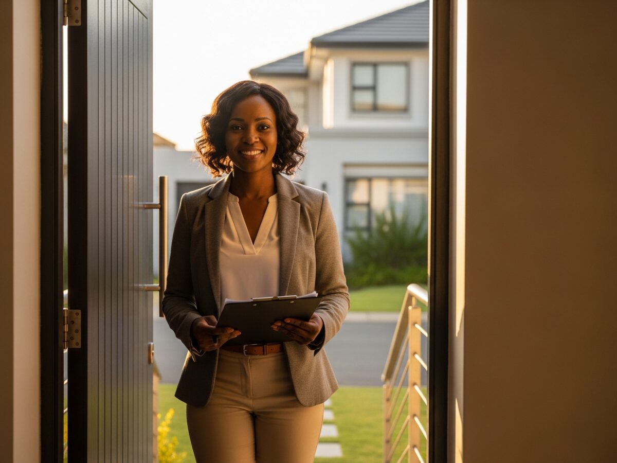 Confident South African landlord smiling in the doorway of a Cape Town rental home holding a clipboard with property documents including an electrical Certificate of Compliance